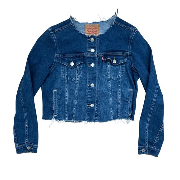 Levi’s Altered Collarless Trucker Jacket Cropped Fitted Womens size large - Picture 1 of 7